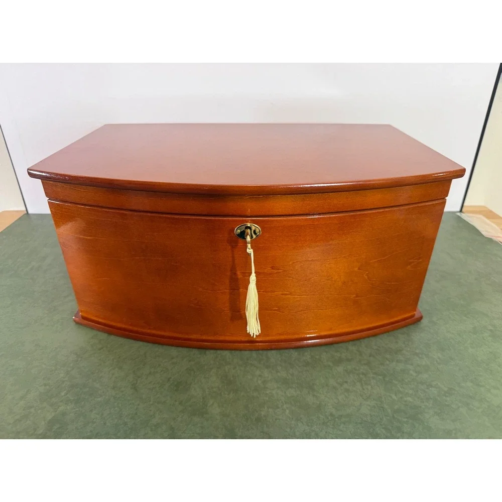 Large Wooden Jewelry Box Chest Locking Bow Front 2 Removable Trays Mirror Key